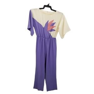 Vintage 80s Jumpsuit Pantsuit Romper Short Sleeve Purple CottonPoly Blend Medium